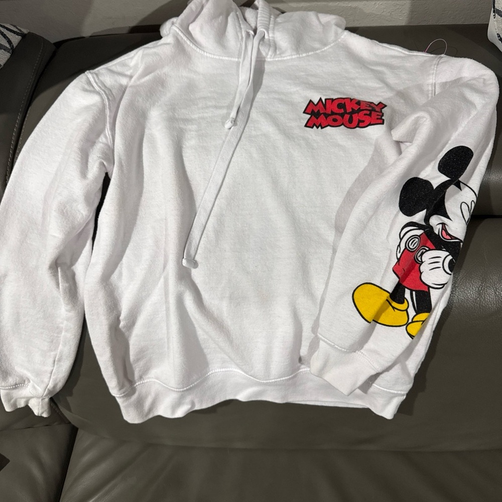 Disney White Mickey Mouse Pullover Hoodie with Red Yellow and Black Graphics